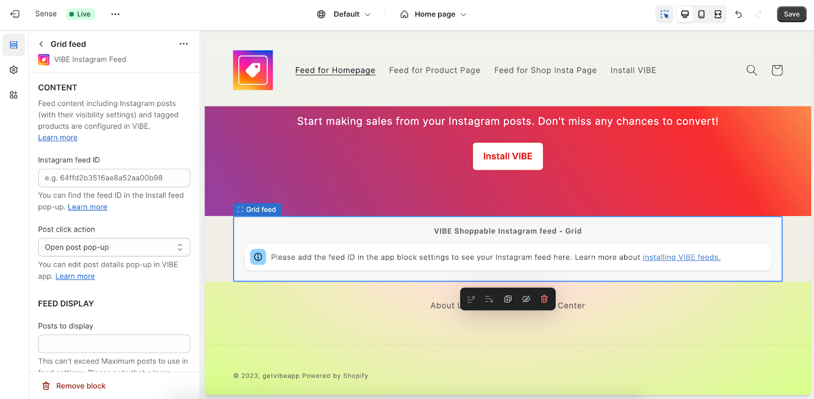 install VIBE Instagram feed in theme editor