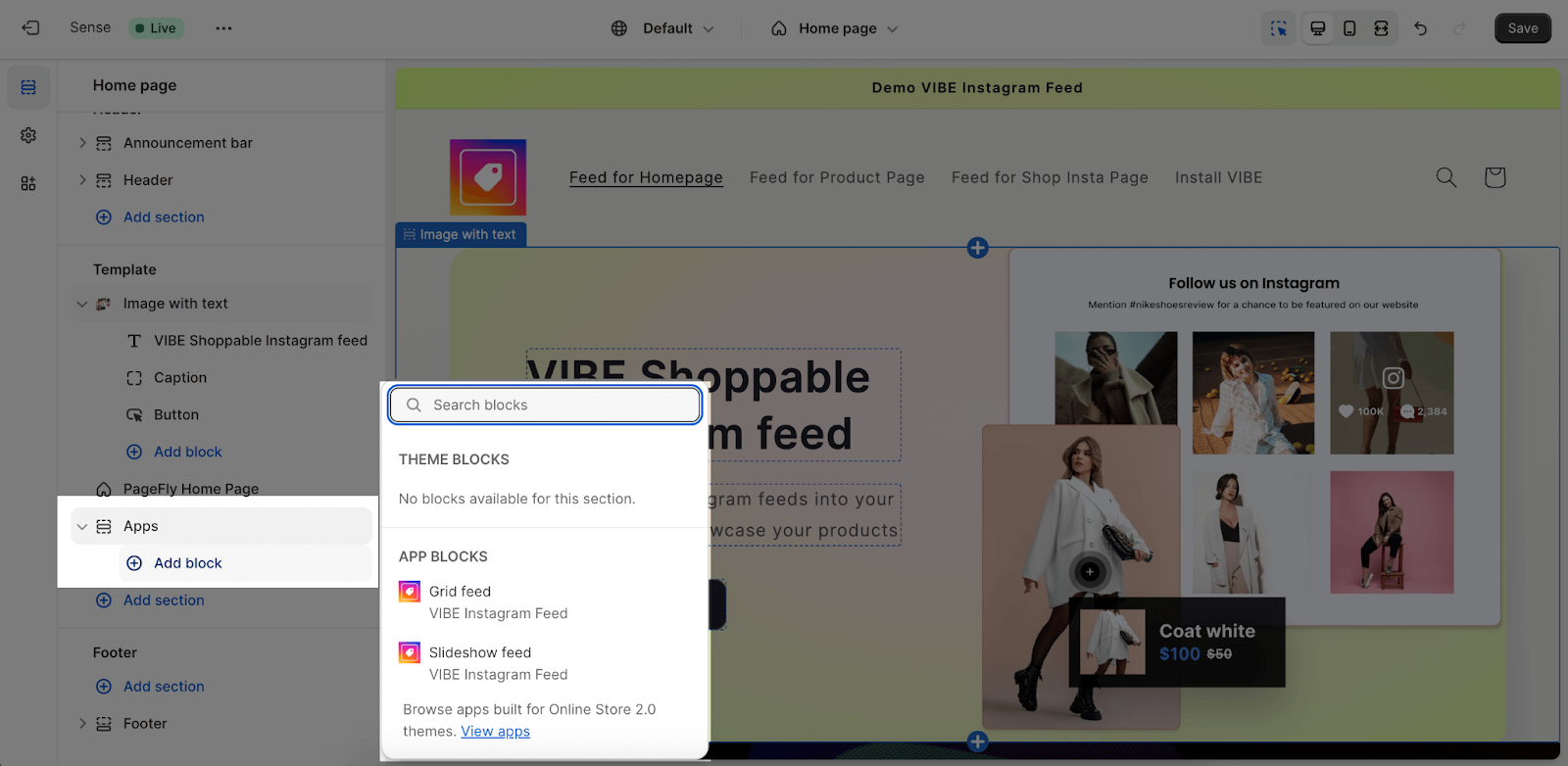 install VIBE Instagram feed in theme editor